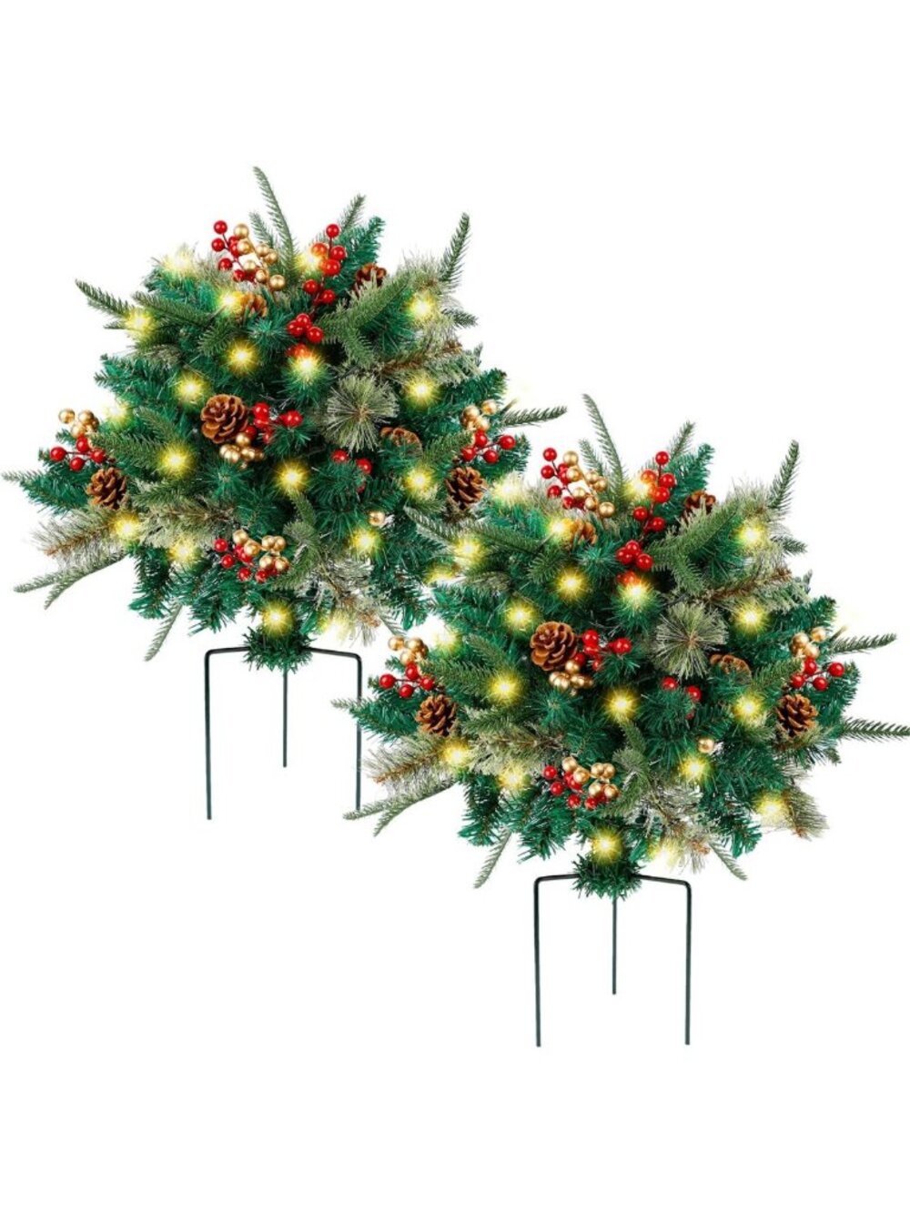 Lighted Artificial Christmas Urn Filler, Pre-lit Xmas Pine Trees with Cones